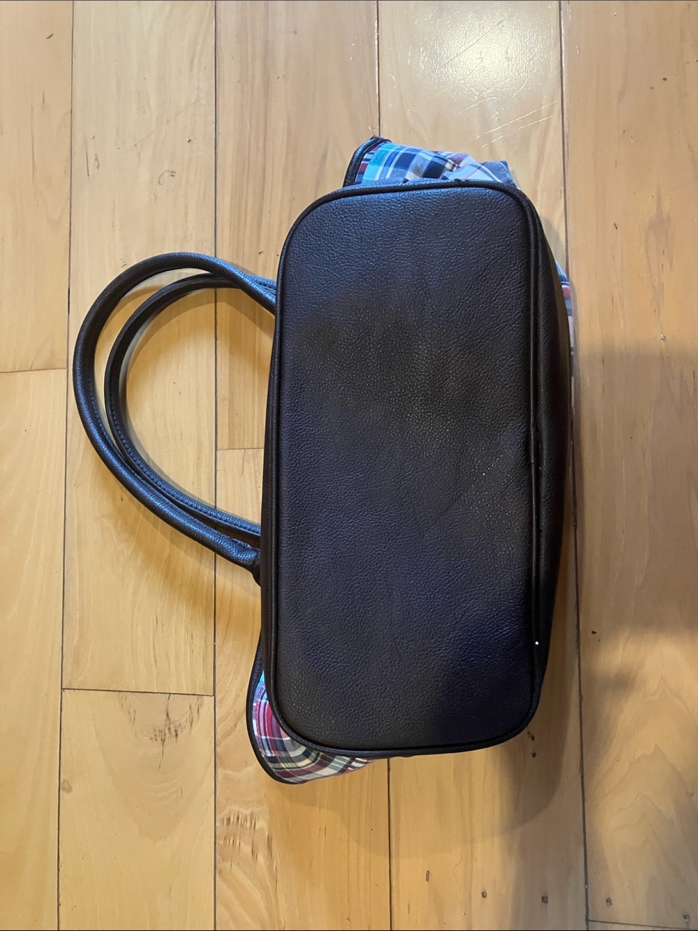 Madras Plaid & Brown Summer Leather Tote Bag - Picture 3 of 6
